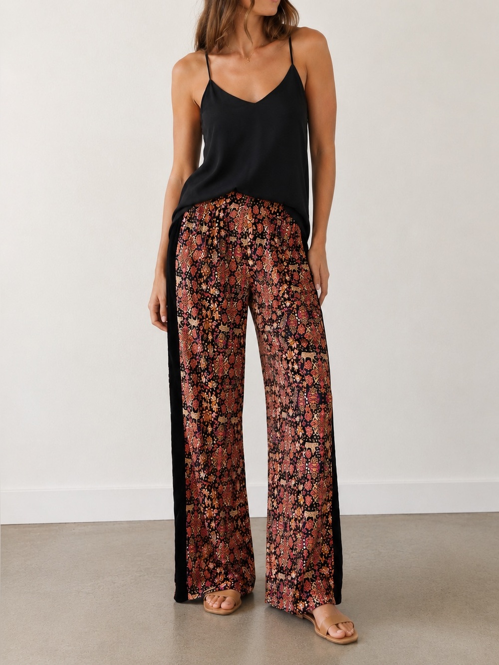 Johnny Was Workshop Paisley Wide Leg Pants Velvet Side Stripe Pull On Small silk